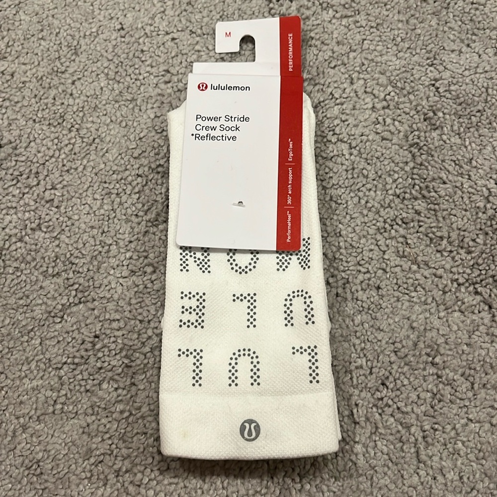 NWT Lululemon Power Stride Crew Sock *Reflective - Size M White
